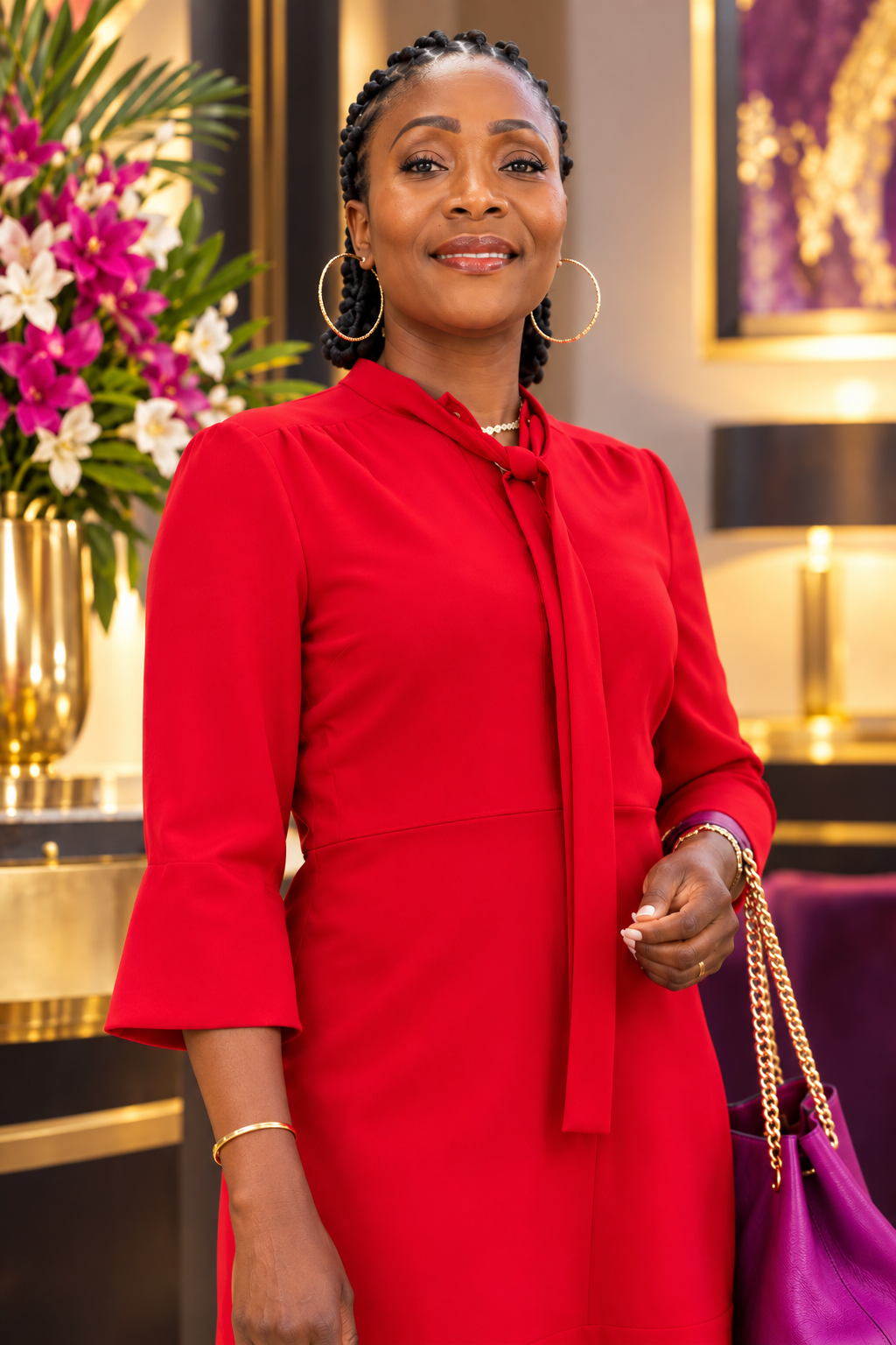 Edwige CBK souriante, en tenue rouge dans un décor doré fleuri