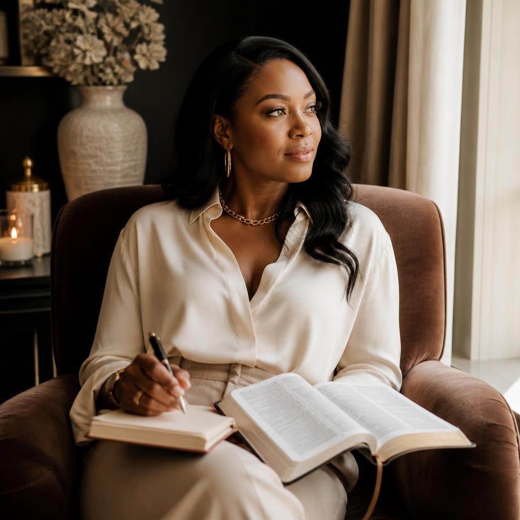 Edwige CBK assise avec sa Bible et son carnet, dans une lumière douce
