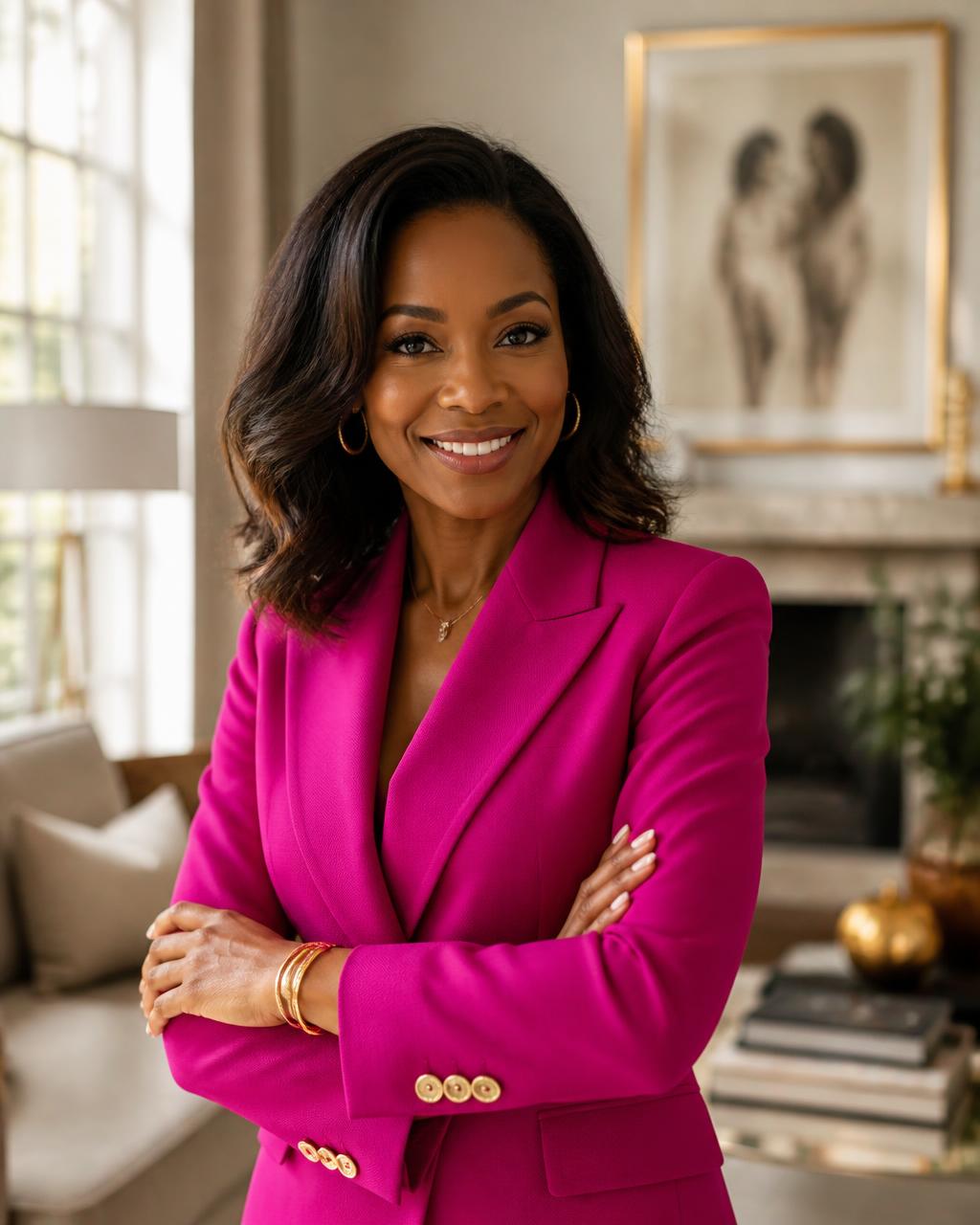 Edwige CBK, coach en image et prestance, en veste fuchsia
